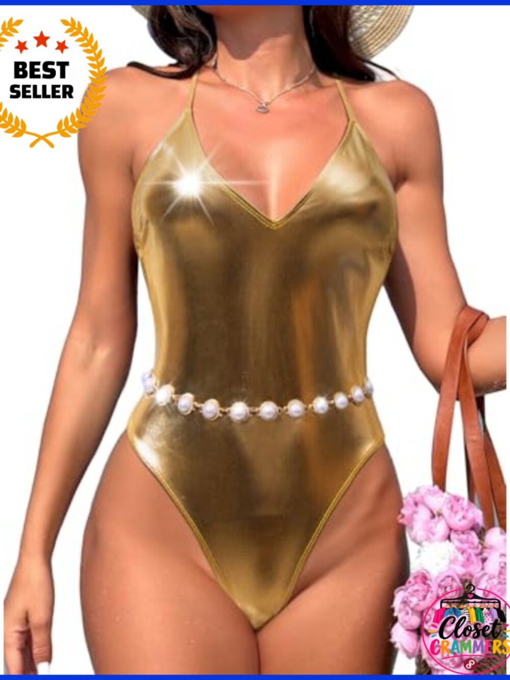 Liquid Metallic Backless Glitter One Piece Swimsuit Shiny Halter Bathing Suit
